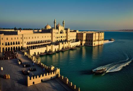 masterpiece, photorealistic, medieval Arabia, port city, bustling town, Arabian architecture, city of mansions, moors, palace, giant buildings, yachts, ferries, blue skies, ocean, jetty, flying carpets