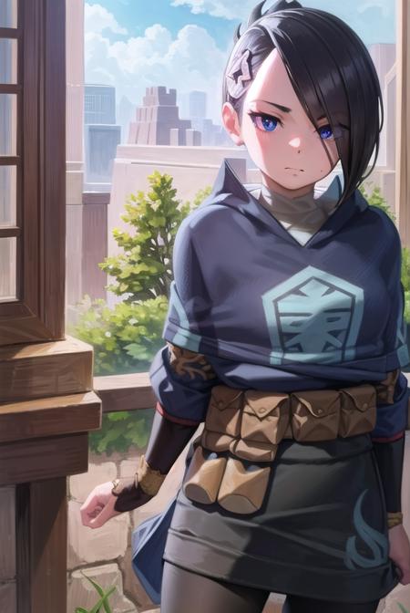 pokemonmai, black hair, blue eyes, mole, mole under mouth, short hair, eyelashes, black footwear, black skirt, boots, brown bag, character print, diamond clan outfit, hood, hood down, jacket, pantyhose, pouch, print pantyhose, skirt,long sleeves,