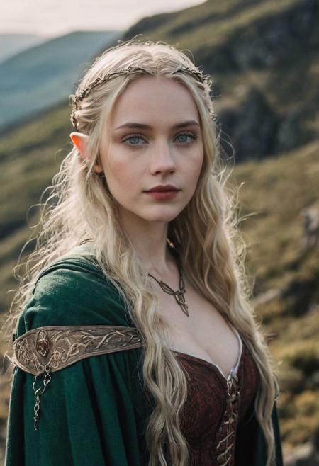 instagram photo, portrait photo of 18 y.o sorceress Emily standing on mountain, (cleavage:0.9), pale skin, (smile:0.4), cozy, natural skin, soft lighting, soft plump bosom, (cinematic, film grain:1.1), dirty blonde, red lipstick, (skin imperfections:1.2), elven, elf ears, Lord of the rings, green eyes