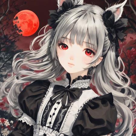 ((masterpiece))),(((best quality))),((ultra-detailed)),(illustration),(dynamic angle),((((red moon)))),

((floating)),(paint),((disheveled hair)),

(solo),(1girl), small breast,(((detailed anima face))),((beautiful detailed face)),collar,(((gothic, lolita_fashion, gothic_lolita))),

((white hair)),((streaked hair)),
beautiful detailed eyes,(red eyes),
(((detailed castle))),(((high saturation))), ((best shadow)) ,((night,blood on face,blood on cloths,splash blood)),arms behind back
((young,child,cute,clear face))