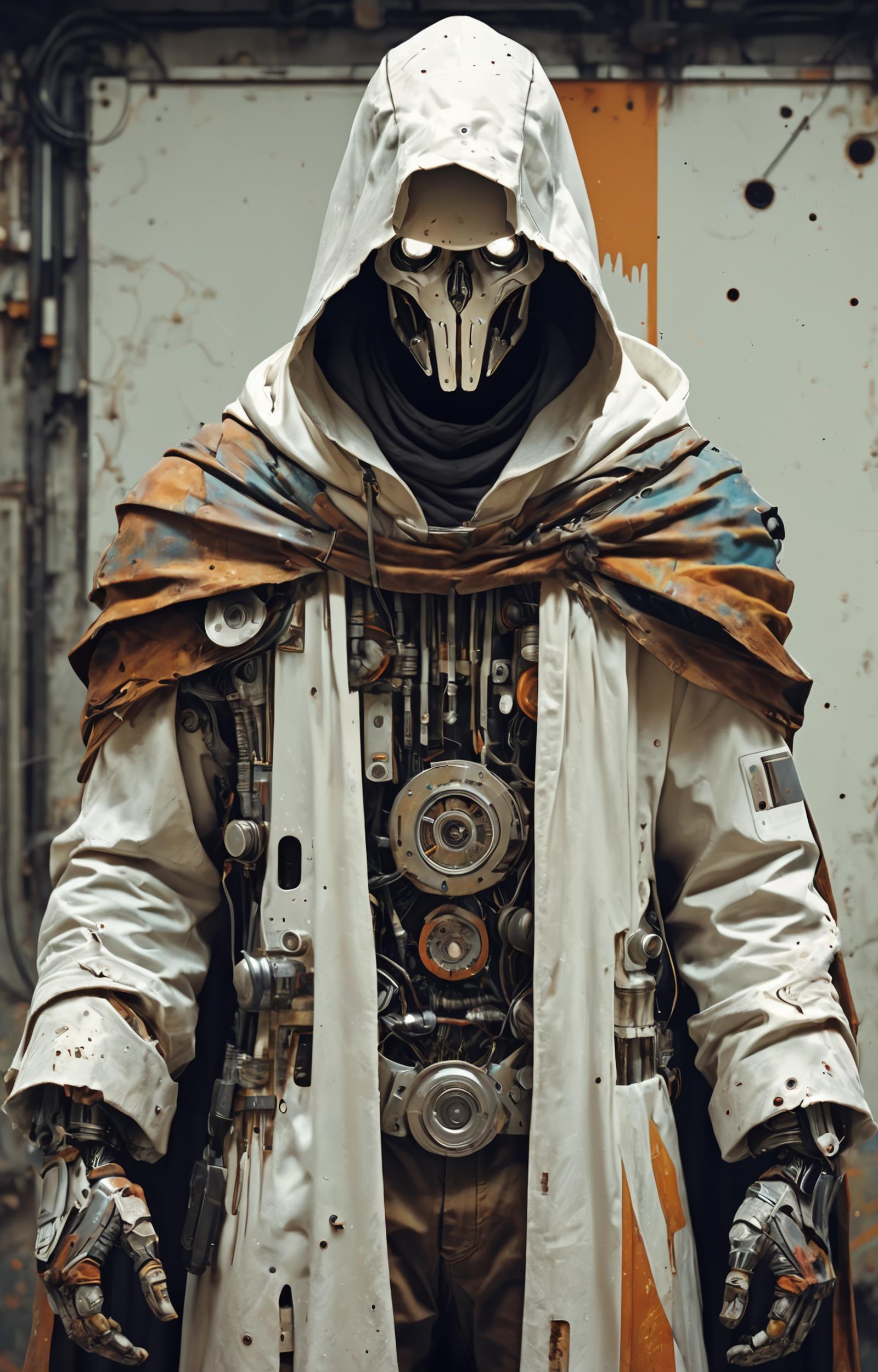 A person wearing a white robe with a hood and a mask over their face, surrounded by machinery and gears.
