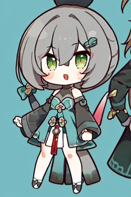 masterpiece, best quality, ,1girl, , <lora:quike2-000025:0.85>, qingque hsr, two tails hair, looking_at_viewer, brown_hair, hair_ornament, bangs, green_eyes, grey_hair, detached_sleeves, socks, hairclip, dress,<lora:qingque_hsr:0.75>