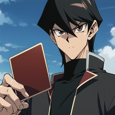 (masterpiece, best quality), TakahiroKagami, 1boy, black hair, medium hair, sharp eyes, brown eyes, black jacket, red undershirt, serious, cool pose, blue sky, picking card,  <lora:takahirokagamiyugioh-000004:0.6>