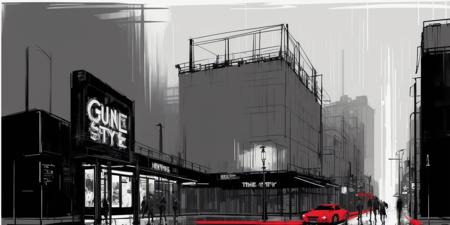 <lora:concept art-v1.0:1> concept art, Vibrant Cityscape, Monochromatic Red, Street Style, Neon Lights Illuminating the Scene, Rough and Gritty Texture, Dynamic Composition with Leading Lines, Brutalist Architecture, Excitement and Energy, Rainy Atmosphere, Urban Pop Art