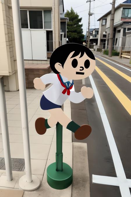 <lora:please_do_not_run_over:0.7>, 1boy, 1girl, :q, bench, building, car, fine art parody, flat color, full body, grass, hallway, house, lamppost, looking at viewer, open mouth, outdoors, parody, power lines, real world location, road, running, short hair, sidewalk, sign, signature, sitting, solo, standing, tree, walking, window, bangs, (kindergarten uniform:1.4)