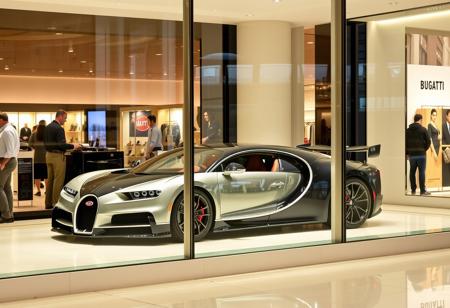 In the window of a large shopping mall stood a Bugatti sports car