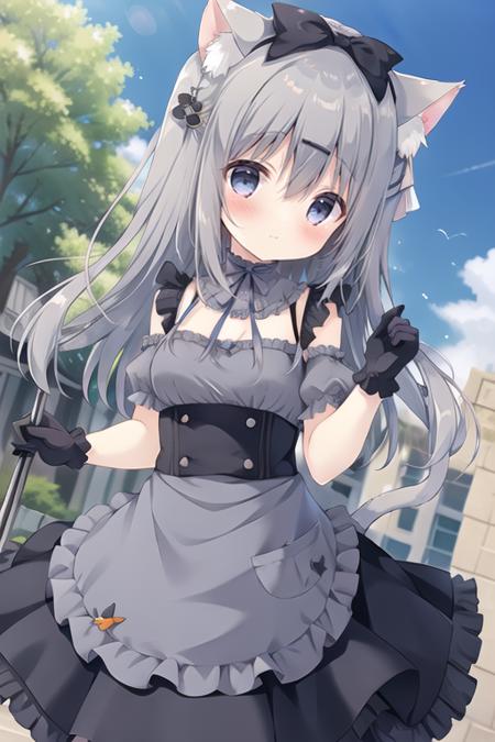 <lora:super-qianhuili-v1:1>
solo, qianhuili, 1girl, gloves, animal ears, outdoors, long hair, holding, black gloves, cat ears, blush, dutch angle, bow, hair bow, waist apron, grey hair, frills, day, apron, grey bow, short sleeves, closed mouth, tree, bangs, blue eyes, detached sleeves, looking at viewer, hair ornament, ribbon, animal ear fluff, skirt, hair between eyes, sky, neck ribbon, small breasts, breasts, hairclip, dress, grey dress, black bow, black skirt