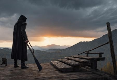realistic, extremely high quality RAW photograph, intricate, Exquisite details and textures, highly detailed, ultra detailed photograph, 4k, high resolution, detailed skin, fantasy or historical scene. In it, there is a large wooden structure that resembles a gallows with a platform and steps leading to it. On the platform lies a person, possibly restrained, next to what appears to be a standing executioner. The executioner holds an ax and wears a hooded cloak that hides his facial features. Two torches are fixed to the structure, both lit and shedding light on the scene. The background shows a dramatic sky with shades of orange, red and yellow, suggesting a sunrise or sunset. In the distance, there are barren trees and mountains that contribute to the ominous atmosphere of the artwork.