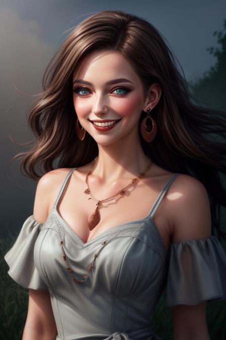 Stylized portrait of a adult brunette woman, dark brown hair with dyed highlights, long wavy hair, spectacular elegant makeup, radiant amber eyes, wearing a grey summer dress with blue details, carved ivory bone and copper necklaces and matching earrings, kind smirking grin, at night, in the fog and haze, art, europian style digital painting, visible brushstrokes.