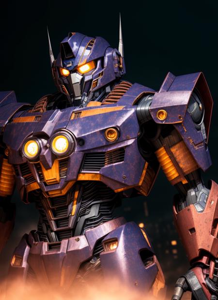 (night scene), upper body portrait of giant opt-6000 with mouthplate, detailed aesthetic mecha design, (blue:0.7) and (red:0.5) (rusty metal), looking at viewer, highres, superb, very detailed, intricate, unreal engine 5, volumetric lighting, realistic, realistic lighting, cinematic, 4k, cinematic lighting, ruined city background, smoke, stop motion, hyperfocus, tonemapping, sharp focus, hyper detailed, particles and sparkles, dark atmosphere