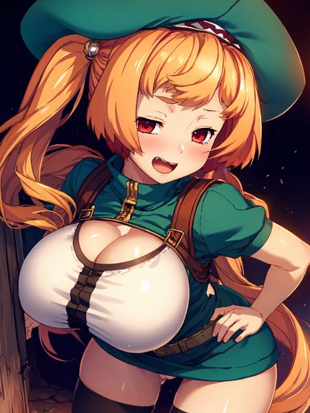 masterpiece,best quality,highres,cinematic lighting,dramatic angle,<lora:Kuroinu2MelV2-000024:0.8>,1girl,red eyes,orange hair,twintails,hat,turtleneck,green coat,white tank top,huge breasts,thick thighs,maebari,bandaid on pussy,white thighhighs,boots,looking at viewer,hand on own cheek,taunt,ridicule,sneer,(:d:0.86),(half-closed eyes:0.68),dwarf,draph,hands on own hips,backpack,package,close-up,portrait,depth of field,bent over,cleavage,belt,suqatting,floating hearts,fangs