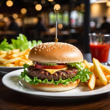 masterpiece, best quality,burger photo, food, burger, tomato, lettuce, blurry, food focus, realistic, no humans, salad, bowl, vegetable, meat, depth of field, still life, onion, blurry background, table, plate, indoors, french fries, cheese, cup  <lora:Burger photo_v1:0.6>  <lora:fodm4st3r:0.8>  <lora:Elixir:0.6>