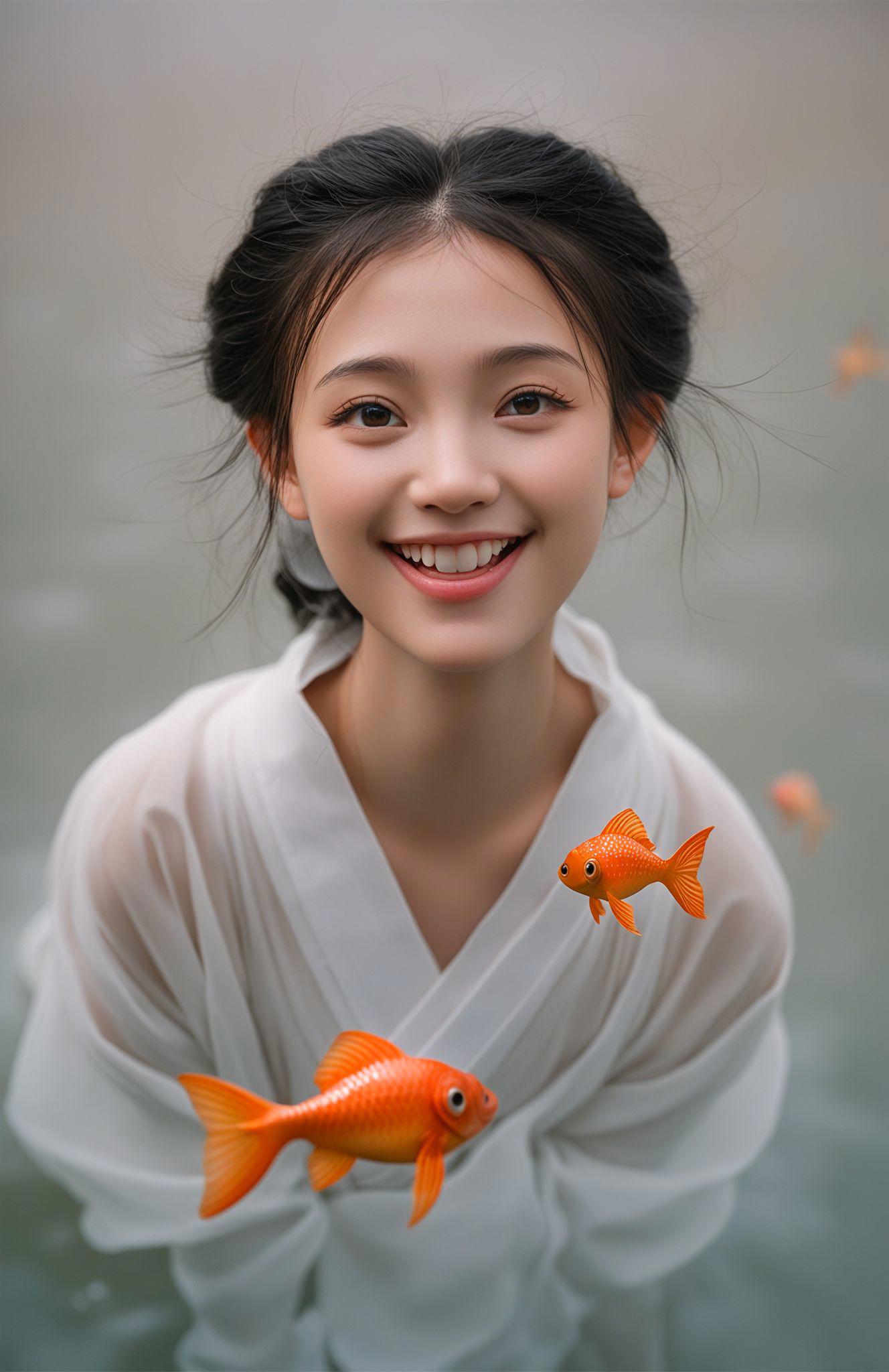 score_9,score_8_up,score_7_up,score_6_up,score_5_up,hanfu, A girl in white Hanfu, very happy and smiling, with a few very small goldfish flying around her face and hair, and her eyes open, in a realistic style