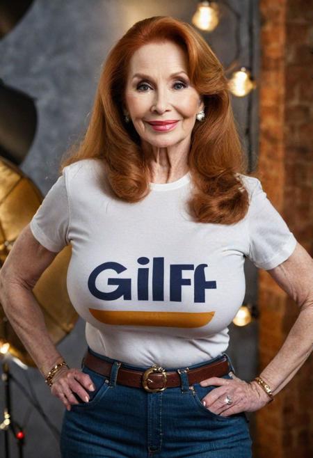 cinematic film still, ((professional photography)), ((masterpiece)), (((photorealism))), perfect focus, centered, medium shot of beautiful, mature, long-haired,  smiling, happy, busty, well-endowed, Katherine Helmond looking to camera, (wearing tight T-shirt that reads "GILF", and tight jeans:1.3), (huge breasts:1.3), ((very long auburn hair:1.3)), playful mood, natural skin, professional makeup, glossy lipstick, (soft, warm studio lighting:1.3), professional photography, Nikon 35mm lens, bokeh, diffused light