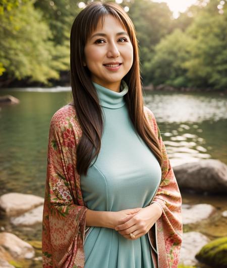 <c1hrl3>,woman, upper body, nature, asian nature, lago, Warm light, detailed eyes, asian, smile, breast, asian dress, Turtleneck, kimono