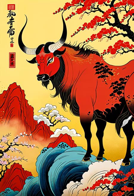 ((masterpiece)),best quality,((illustration)),original,extremely detailed wallpaper,(((beijing opera))),(sketch),((wash painting)),((ink splashing)),((((dyeing)))),((Chinese painting)),((beijing opera))),(sketch),(wash painting),(ink splashing),dyeing,((Chinese painting)),((a mythical ferocious animal)),{{The bull}},{{ long horns}},{{With wings on its back}},(Red and black wings),(solo),mountain,Big and strong,Diabolical,Tyrannical,{{{Ukiyo-e_style}}},{{flat_style}},{simple_colors},{{{masterpiece}}},{katsushika_hokusai},{chinoiserie},{{{best_quality}}},kimono,{{ultra-detailed}},{illustration},{{an_extremely_delicate_and_beautiful}},{Gorgeous and rich graphics},<lora:add-detail-xl:1.5>,