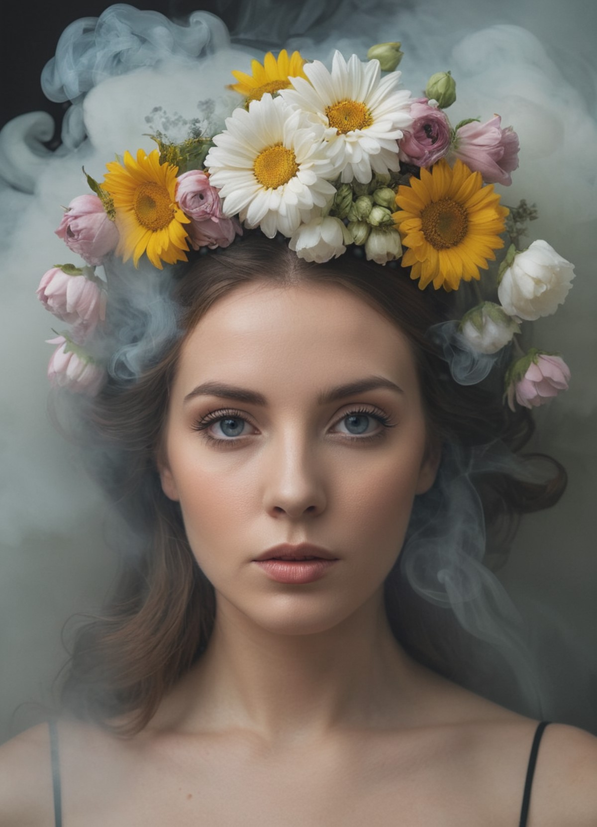 a woman with flowers on her head surrounded by smoke, looking at viewer, art photography, soft fog, made of fog, made of f...