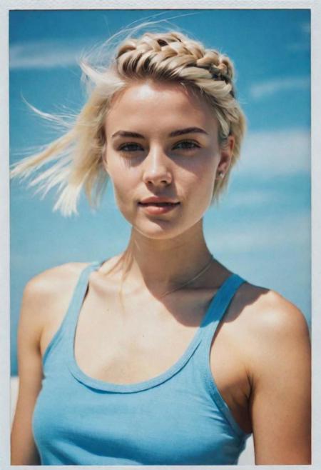 polaroid photograph Color i-Type Film, portrait, 1 girl, blonde, short hair with small braids, perfect eyes, pointed jaw, sky blue cropped tank top, white wall in the background, natural light.