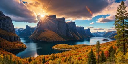 RAW photo, Norway, deep autumn, dream nature, primeval wild, picturesque forest, bright clouds, beautiful sky, sun, epic landscape, spring lake, colorful scenery, desolate atmosphere, realistic, masterpiece, 8k resolution, ultra detailed, vivid colors, high quality,