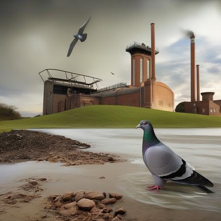 <lora:start:1> photo of a peculiar landscape with a giant pigeon  a pumping station flooded  fire brigade