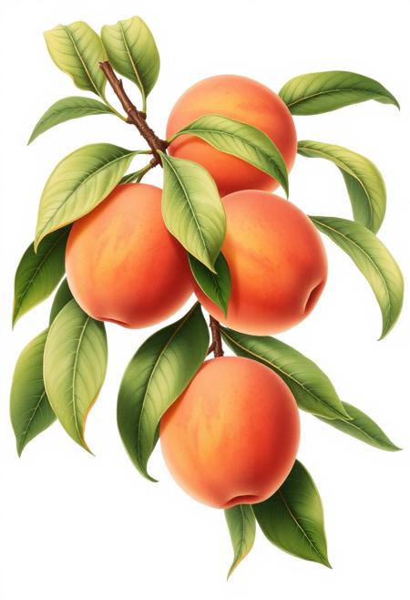 Peaches on a branch with leaves, botanical illustration, isolated on white background, style of Pierre-Joseph Redoute