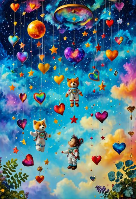 A whimsical multi-media creation depicts a wind chime crafted from colorful hearts. Two small fluffy mascots, a boy and a girl astronaut, are suspended on the wind chime. The backdrop features celestial bodies such as planets and stars. The artwork is executed in a hyperrealistic style using alcohol inks.