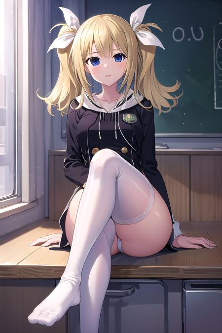 Arimura, blonde hair, blue eyes,  hair ribbon, white ribbon, school uniform, thighhighs, white thighhighs,