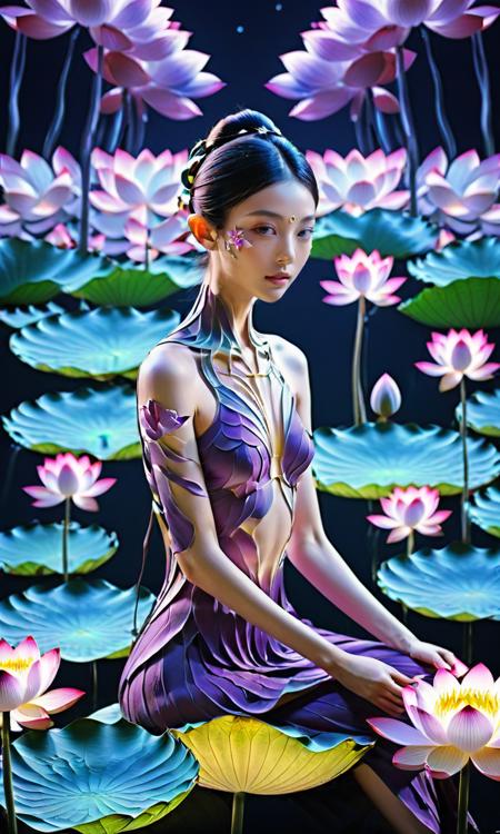 xs_zwr_t1,An imaginative photography composition showcasing a girl siting in the midst of a field of vibrant purple lotus at night, The contrasting colors create a striking visual impact, with the girl's (captivating gaze::1.2) drawing you into the sea of blossoms. (Creative photography), (contrasting colors), (emotive atmosphere), (HD quality), 4K resolution.,<lora:xszwr:1>,