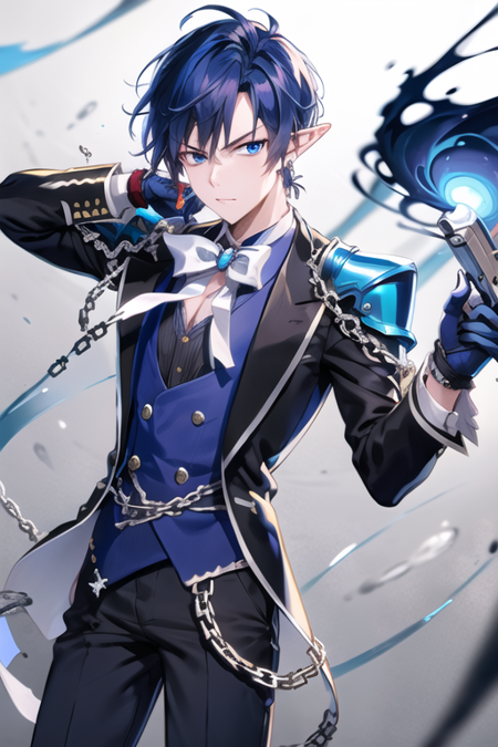 <lora:CielElsword-09:0.7>, ciel, solo, blue eyes, blue hair, butler, white bowtie, earrings, pointy ears, gun, holding gun, dual wielding, chain, tomb, blue shoulder armor