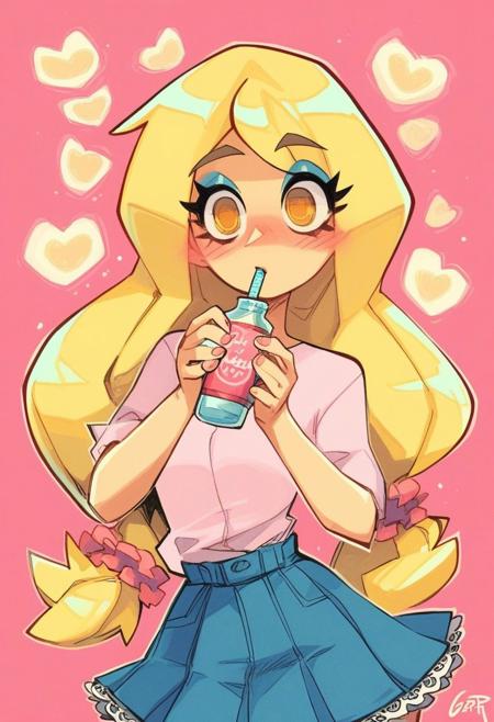Gerph_style,
, score_9,score_8_up,score_7_up, anime_style, source_anime,
young woman, perfect small breasts, slim butt , tucked in blouse, pink flower pattern blouse, long straight blonde hair, toned body, amber eyes, long hair, midi skirt, cute, wholesome, cottagecore, denim pleated skirt, white lace petticoat, white underskirt, tucked pink shirt, low-tied long hair, makeup, thick eyeliner, dehydrated, blushing, front facing, gulping down from a bottle, pink bottle, drinking, gulping, desperately drinking from the bottle, blank stare