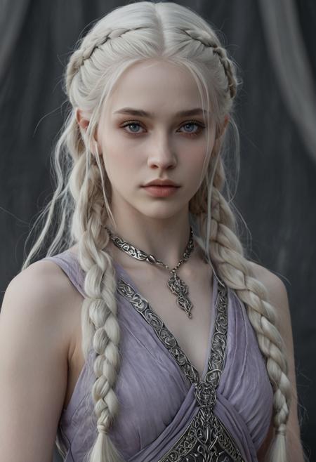 <lora:RokuFantasy:1>,R0k0F3nt3sy,1girl,solo,fantasy art,, (Hair, Long, silver-blonde hair (often described as pale as moonlight), a hallmark of her Targaryen lineage. In the books, her hair is worn in intricate braids, symbolizing victories and tradition:1), (Eyes, Large, violet eyes, often noted for their intensity and otherworldly quality, typical of the Valyrian race:1), (Skin, Pale, creamy complexion with a smooth, almost luminous quality that enhances her striking beauty:1), (Build, Slim and petite, yet strong and resilient, reflecting her gradual transformation from a timid girl into a determined leader:1),  short in stature,