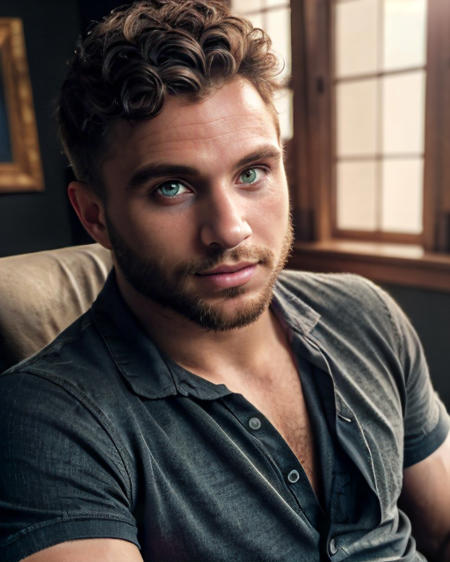 ASCII<lora:Green_eyed_man:0.5> photo of a man, green eyes, curly hair, face, looking away, young, sitting in chair, torn pants, peasant shirt, athletic, looking at viewer, face, dark bedroom, windows, close up portrait, high detail, realistic, high detail, 8k, (Masterpiece, high quality:1.3), masterpiece, depth of field, bokeh, detailed, homoerotic, (homoerotic), highly detailed, sharp focus, intricate, smooth, elegant, fantasy, cinematic lighting, cinematic, masterpiece, matte, photorealistic, 4k, beautiful, volumetric lighting, dramatic,