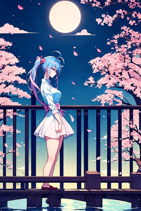 (masterpiece:1.2), mistress, best quality, ultra high res, shiny skin, fashi-g, mature female, ultra high res, perfect anatomy, best shadow, best quality,  ((1girl, solo)), cherry blossoms tree, cherry blossoms, flower, petals, pink flower, spring_\(season\), (moonlight, full moon, cloud), falling cherry blossoms,  petals on river, china bridge, river cross bridge, faraway,  (side face, stand sideways, lower one's head:1.3) ,long hair,  white shirt, short skirt, blue shirt, disheveled hair, ribbon around the arm, night, bangs, blue-pink hair, ahoge, pink_theme, standing in bridge,  ruminate, blue eyes, breasts, <lyco:fashionGirl_v54:0.1>, <lora:UhP:0.8>