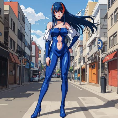 Aisha, 1girl, solo, long hair,blue hair,blue eyes,bare shoulders,detached sleeves,choker, streaked hair,blue bodysuit,lipstick,red lips,blunt bangs