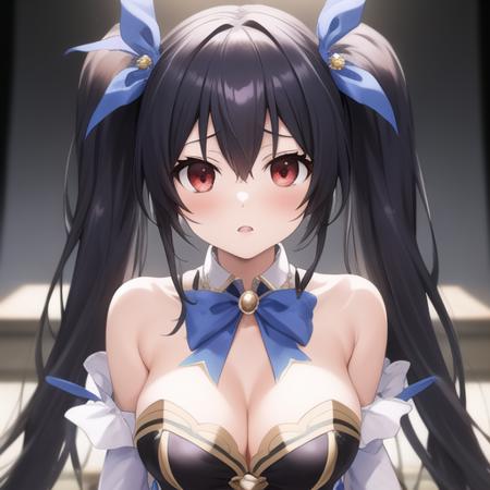 (masterpiece, best quality:1.2),illustration,8k,hd,1girl,solo,upper body,(portrait:1.2),medium breasts,twintails,neptune (series),noire (neptune series),very long hair,skirt,white skirt,pleated skirt,cleavage,bangs,bare shoulders,black dress,black footwear,black hair,blue bow,thighhighs,blue bowtie,blue ribbon,bow,bowtie,brooch,buttons,detached collar,hair ornament,detached sleeves,dress,eyebrows visible through hair,frilled sleeves,frills,garter straps,white dress,gold trim,hair between eyes,hair ribbon,holding hair,jewelry,multicolored clothes,multicolored dress,red eyes,ribbon,short dress,strapless,strapless dress,thigh boots,twintails,zettai ryouiki,buran buta,<lora:Noire>,