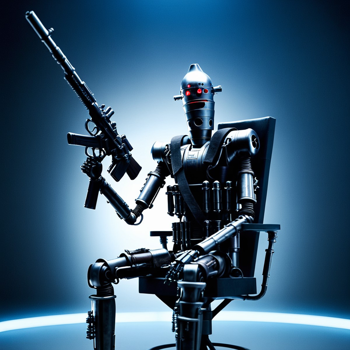 cinematic film still of  <lora:IG-88:1>
IG-88 droid a robot sitting on a chair with a gun In Star Wars Universe, solo, sim...