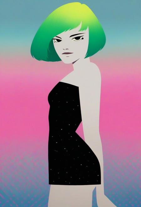 (((pastel colors, high contrast, expressiveh, solo focus))), ((black eyes, green hair, naughty face, bobcut hair, pale skin, black dress, short dress, tight dress, strapless dress, thighs)) (1girl, standing, side view, looking at viewer), simple glowing background. rimlight asian american