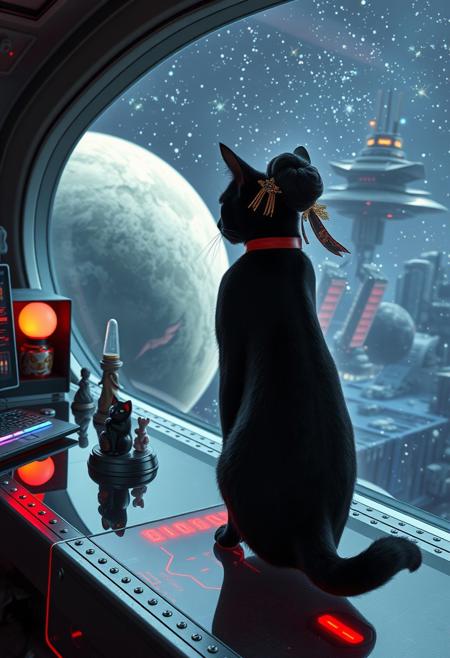 A sleek black cat with red collar sits on a cluttered metal riveted desk with transparent top and rgb led computer components visible inside, On the desk are a maneki neko statue and a lava lamp, the Black Cat is looking out of a seamless and futuristic floor to ceiling window that looks out at a planet from low orbit, (((a beautiful woman fully visible, 24 years old, is standing looking out the window, the woman is dressed in an ornate Japanese style futuristic formal gown (semi-risque) . An enormous deco-cyberpunk starship with futuristic lighting and an enormous space station are visible in the background among the stars, The woman's hair is pinned up with exquisite gold and jeweled chopsticks, and an artistic ribbon that contrasts perfectly with the gown. Artistic cyberpunk, dynamic perspective, (((overall architectural aesthetic is Art Deco Cyberpunk))).