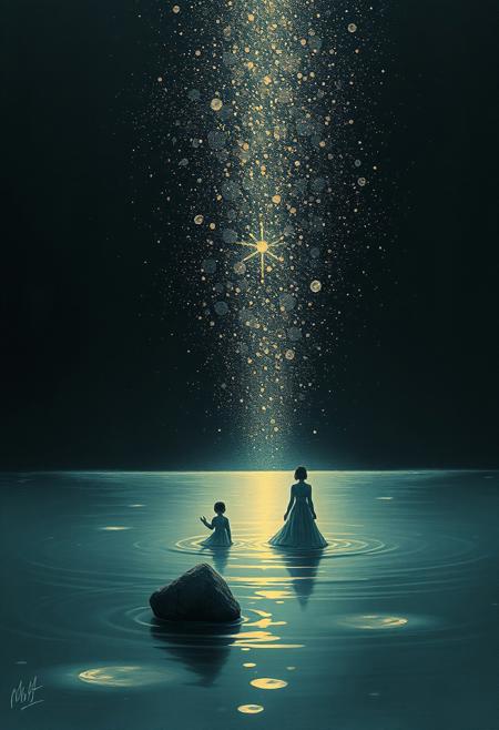 Countdown. Stardust. Close your eyes.
minimalist surrealism, impressionistic realism, muted color palette, poetic symbolism, refined brushwork, chiaroscuro lighting, introspective mood, water and reflections, subtle social commentary, emotional restraint, soft textures, naturalistic figures in surreal settings