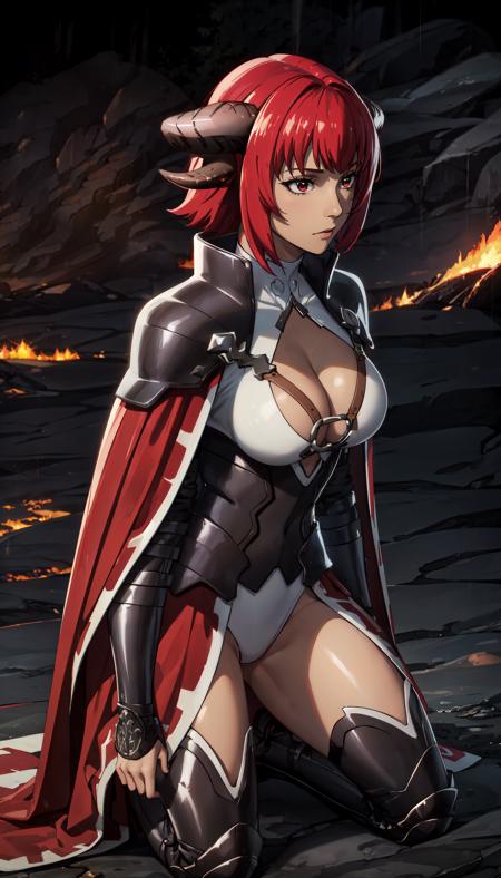 goat horns red hair short hair red eyes armor white outfit cleavage cutout leather straps shoulder pads red cape