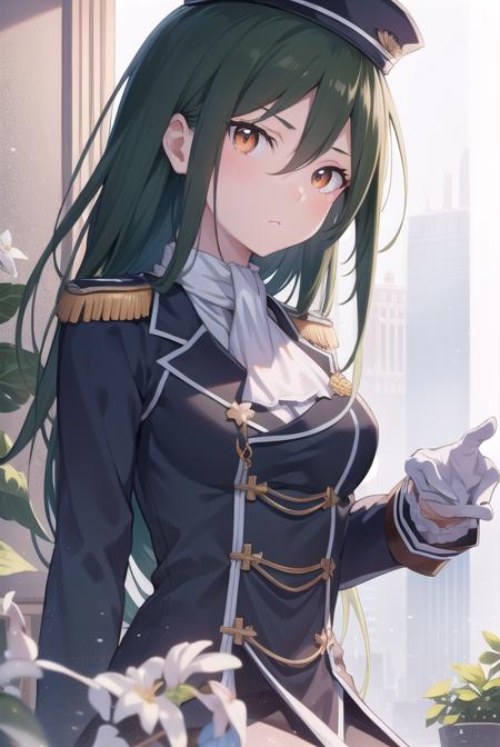 cruschkarsten, <lyco:cruschkarsten-lyco-nochekaiser:1>,
crusch karsten, long hair, hair between eyes, green hair, (brown eyes:1.4),
BREAK gloves, long sleeves, hat, jacket, boots, frills, white gloves, black footwear, uniform, military, ascot, military uniform, armband, epaulettes, white ascot,
BREAK looking at viewer, full body,
BREAK outdoors,
BREAK <lyco:GoodHands-beta2:1>, (masterpiece:1.2), best quality, high resolution, unity 8k wallpaper, (illustration:0.8), (beautiful detailed eyes:1.6), extremely detailed face, perfect lighting, extremely detailed CG, (perfect hands, perfect anatomy),