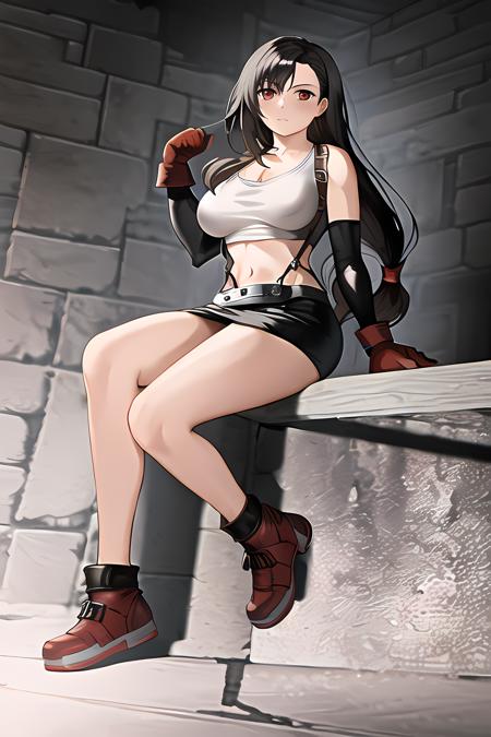 best quality, masterpiece, 1girl, full body, corneo_tifa_classic, long hair, black hair, low tied hair, red eyes, large breasts, full body, (extremely detailed)