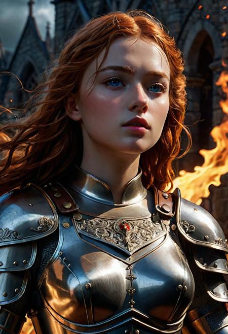 High resolution ultra-realistic of Beautiful Warrior Sadie Sink as Joan of Arc, 8k, capturing the intensity of the moment, cinematic lighting, standing on a bloody and stormy battlefield in bloody battle, wavy red hair, realistic dirty pale face, realistic blue eyes,  beautiful hourglass figure, burning in a medieval Town, intricately designed iron and silver armor, Dark Ages Aesthetic, perfect athletic figure, beautiful Warrior Joan of Arc, fire, ultra realistic, cinematic style, vigorous and seductive, athletic figure, dark fantasy, dramatic lighting, wet and sweaty skin, dirty skin, athletic figure, dark fantasy, dramatic lighting, Greg Rutkowski style,, Warrior Joan of Arc on in iron armor, hyper-detailed, hyper-realistic, bright colours, Attractive 21 old years girl, Attractive, beautiful firm Breasts, sharp focus, digital painting, Photograph Taken on Nikon D750, Alphonse Mucha, 8K, athletic figure, Hyperdetailed, hyperrealism, Attractive, Attractive bust girl, asymmetric balance