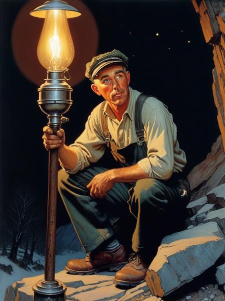 <lora:04Vintageillustration_Hap_XL:3.3>,Norman Rockwell style With each flicker of the lamp's flame, the miner's keen eyes scan the rugged terrain, searching for any glimmer of hope amidst the darkness. Suddenly, a spark of light catches his attention, and his heart quickens with anticipation.