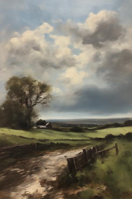 John Constable Style - A 19th century tonalist landscape oil painting of a rural west of ireland landscape with a farm and stormy cloudy sky. pale blue. impressionism. in a loose, hazy painterly style with a neutral color palette