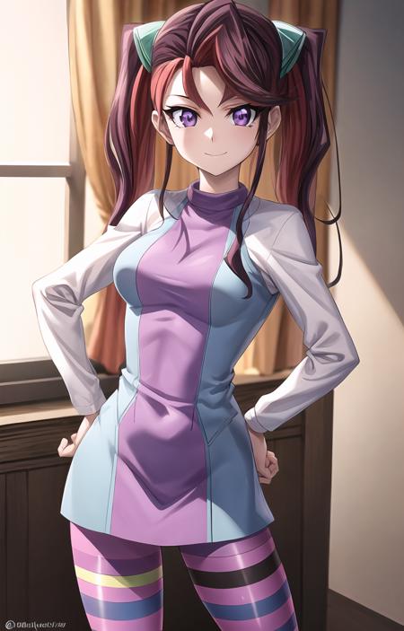 masterpiece, best quality, best aesthetic, anime, ultra detailed, yu-gi-oh! arc-v,
akaba_ray, 1girl, solo, long hair, twintails, purple eyes, long-sleeved shirt, hair ornament, dress, (pantyhose, striped legwear:1.2), thigh strap, cowboy shot, (smile, closed mouth:1.2), looking at viewer, hand on hip, bedroom, sunlight, window, <lora:rayakaba_yugioh_arcv:te=0.5@0.5,0.7@0.5,0.8@0.8:lbw=OUTALL:unet=1@0,0.7@0.5,0.8@0.8>, <lora:more_details:te=1@0,0.7@0.5,0.8@0.8:unet=0.5@0.5> :1.0