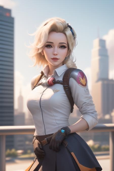 <lora:mercyOverwatchWrise_v10:0.7>,mercy\(overwatch\), masterpiece, upper body, 1girl, ultra-detailed,facing viewer, perfect anatomy, skirt, shirt, happy, realistic, very detailed background, (masterpiece:1.4),(best quality:1.4), high-definition,  city, blurred_background,