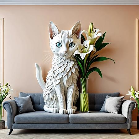 cat made of lily flower, best quality, indoor, beautiful background, vase, flower, couch, wall decoration, detailed image, 4k, 8k