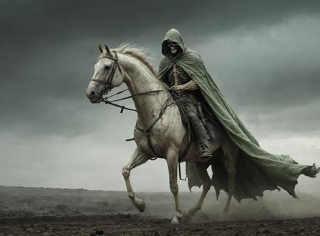 (rusted_scythe:1.3),(very long pale green cape in the wind:1.6),(tattered_garments:1.5),(skeletal_rider:1.5),horseman,(hood:1.2),(pale_emaciated_green_horse:1.1),(wind:1.3),(bones:1.2),apocalypse,smoke,black rain,desolate_landscape,dark_sky,ominous,decay,cracked_ground,barren,lifeless,
<lora:add_detail:0.8>,