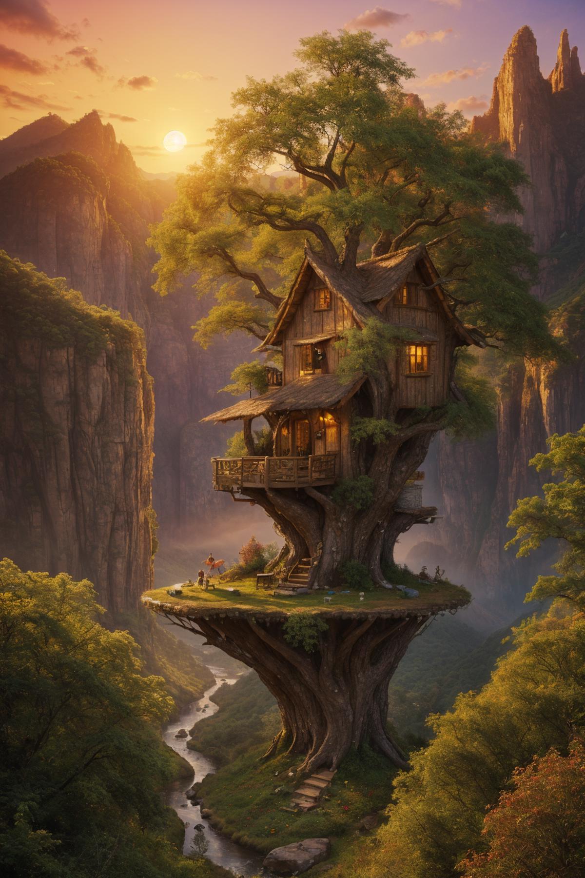 A Treehouse with a House on Top of a Tree in a Mountainous Area